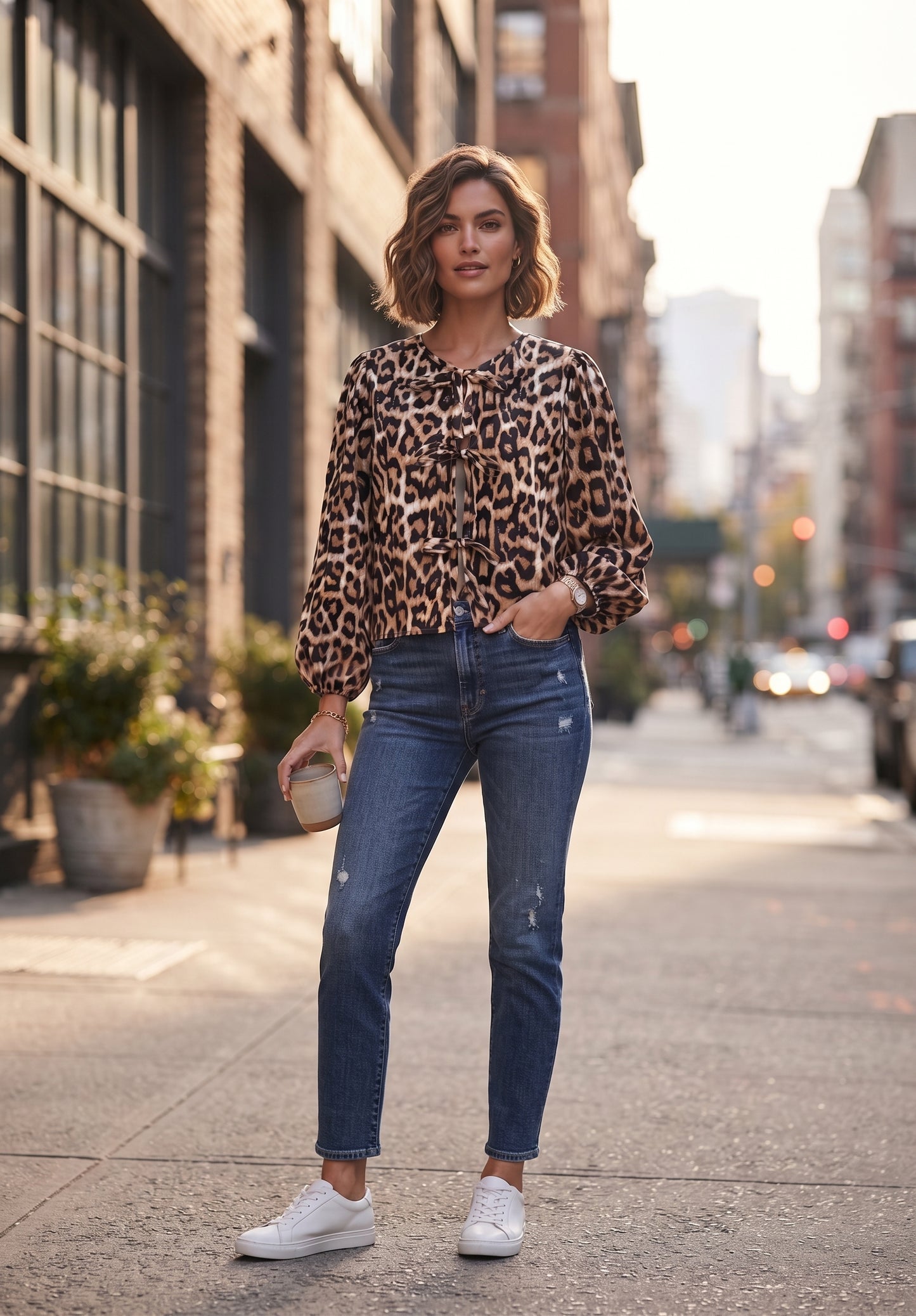 GORGLITTER Women's Leopard Print Tie Knot Front Cutout Blouse – Crewneck, Size Large