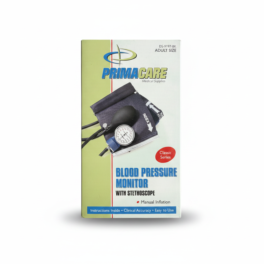 PrimaCare black blood pressure monitor with stethoscope, sealed box, professional quality design.
