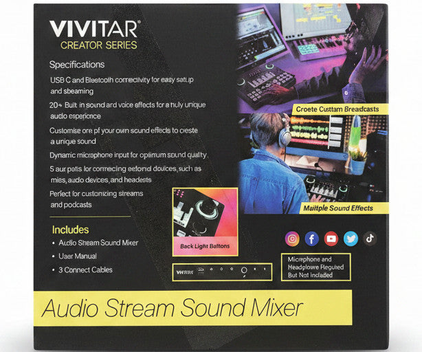 Vivitar black audio mixer with USB-C, Bluetooth, and multiple sound effect controls.