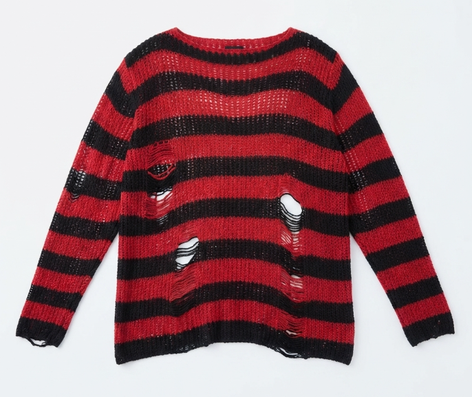 SATINIOR Women's Red & Black Striped Gothic Ripped Knit Sweater