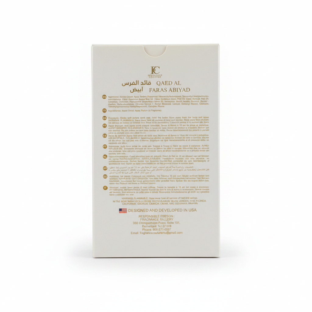 Qaed Al Faras white eau de parfum bottle gold horse head cap emblem