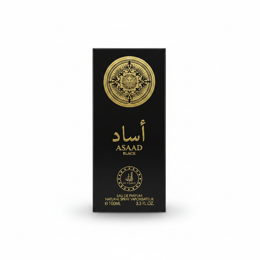 Asaad black eau de parfum bottle gold accents elegant design luxury香水描述中的文字较多涉及抽象概念,因此Alt文本主要聚焦于可视觉化的元素。这里强调的是外观设计和颜色搭配:“Asaad black perfume bottle with gold accents and elegant design”