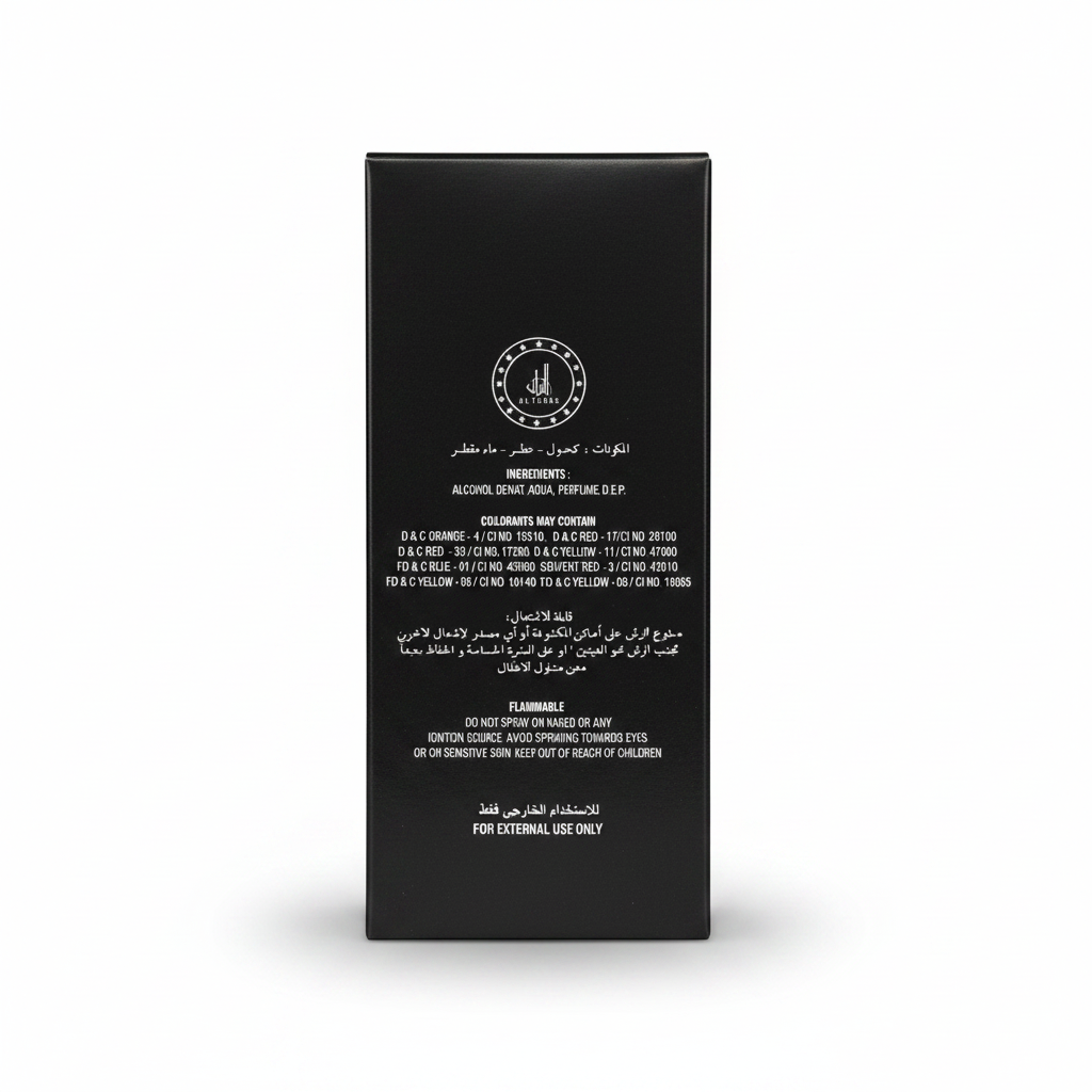 Asaad black eau de parfum bottle gold accents elegant design luxury香水描述中的文字较多涉及抽象概念,因此Alt文本主要聚焦于可视觉化的元素。这里强调的是外观设计和颜色搭配:“Asaad black perfume bottle with gold accents and elegant design”