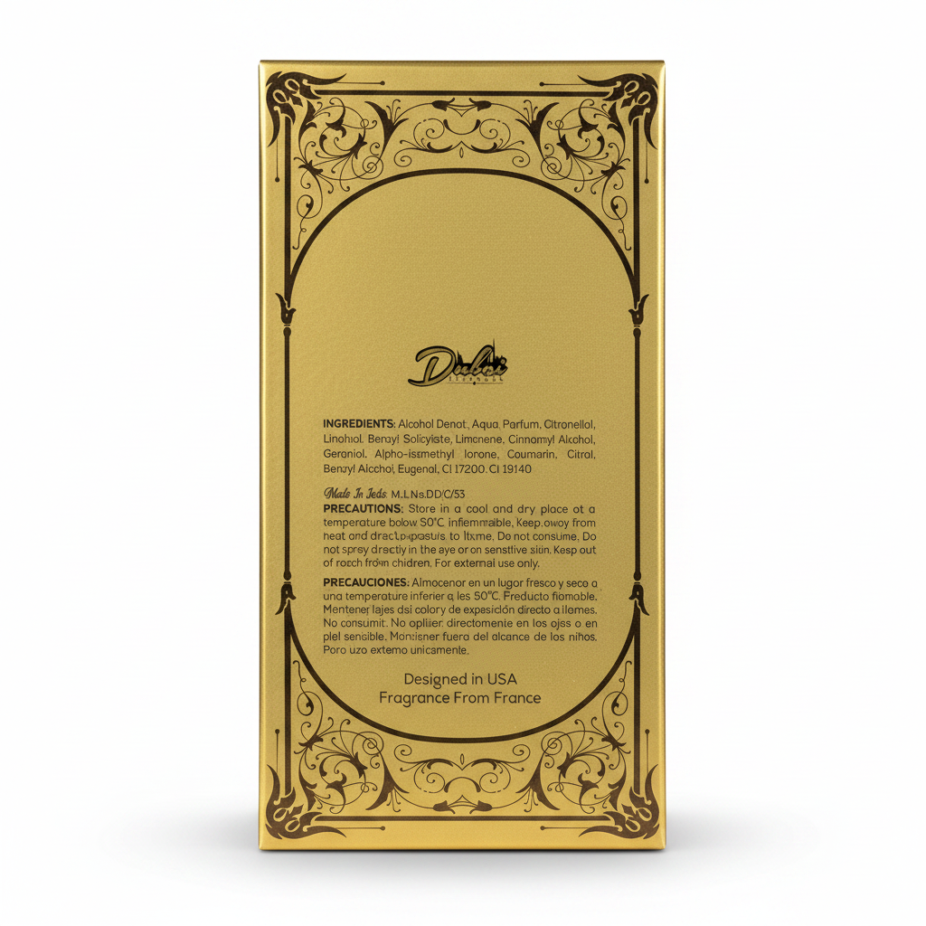 Dubai Essence black and gold perfume bottle with intricate design and luxury gold cap.