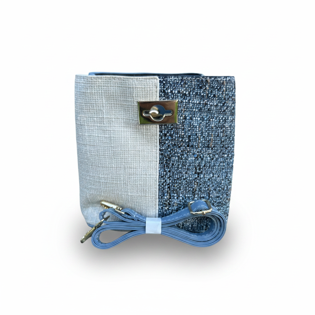 Chic Two-Tone Tweed Crossbody Bag – Light Blue White Gold Accent