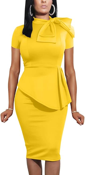 Women's Fashion Peplum Bodycon Long Sleeve Work Dress Yellow Size Large