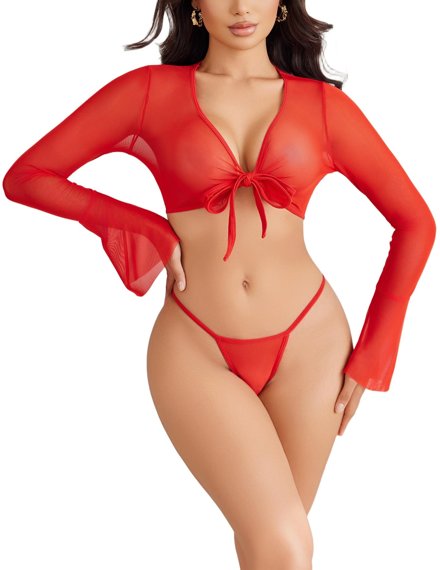 Avidlove Sheer Mesh Cardigan | Bolero Shrug Long Sleeve Cover Up | Red | L