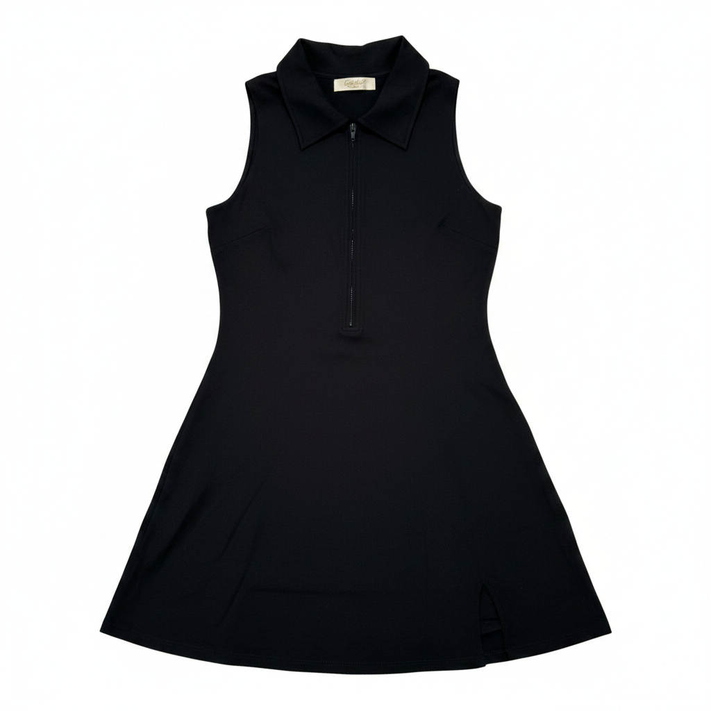 Women's Zip-Front Tennis Dress – Polo Collar, Racerback, Built-In Shorts & Pockets, Black (Small)