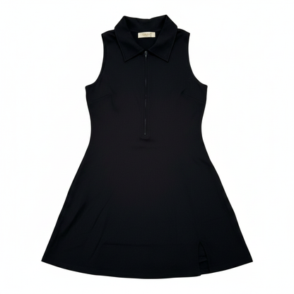 Women's Zip-Front Tennis Dress – Polo Collar, Racerback, Built-In Shorts & Pockets, Black (Small)