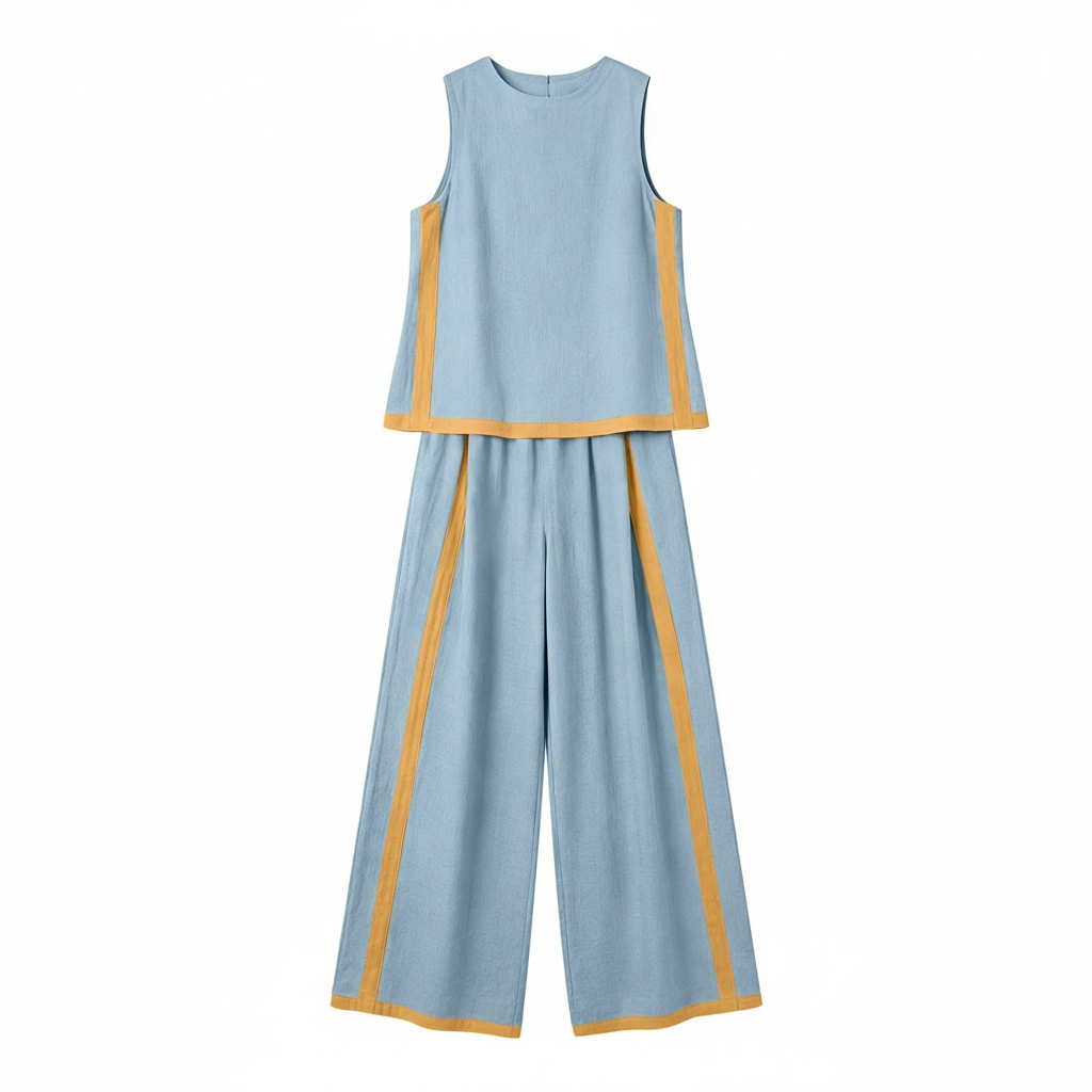 Women's Yanlir Summer 2-Piece Matching Set – Sleeveless Crew Neck Wide-Leg Pants | Light Blue | 2XL