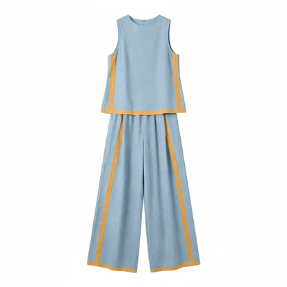 Women's Yanlir Summer 2-Piece Matching Set – Sleeveless Crew Neck Wide-Leg Pants | Light Blue | 2XL