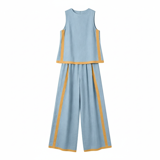 Women's Yanlir Summer 2-Piece Matching Set – Sleeveless Crew Neck Wide-Leg Pants | Light Blue | 2XL