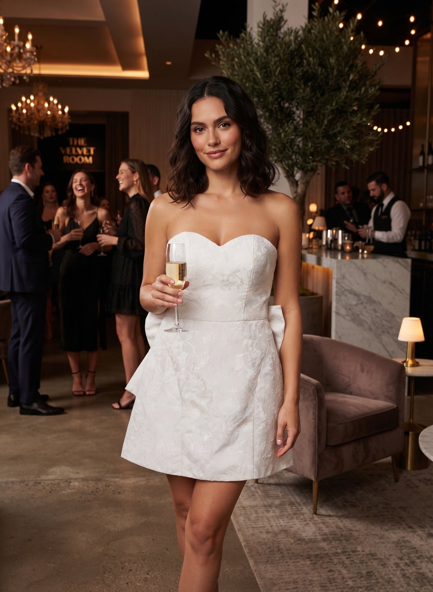 Jacquard Satin Homecoming Dress with Bow – White, Size Medium (Preowned)