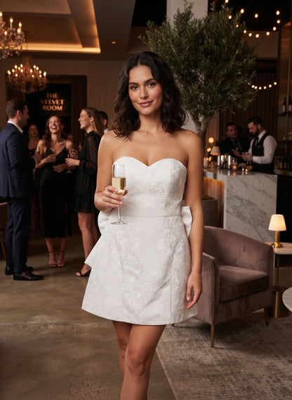 Jacquard Satin Homecoming Dress with Bow – White, Size Medium (Preowned)