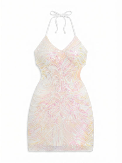 ShawGobow Women's Sequin Glitter Backless Bodycon Mini Dress – White, Small