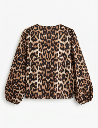 GORGLITTER Women's Leopard Print Tie Knot Front Cutout Blouse – Crewneck, Size Large