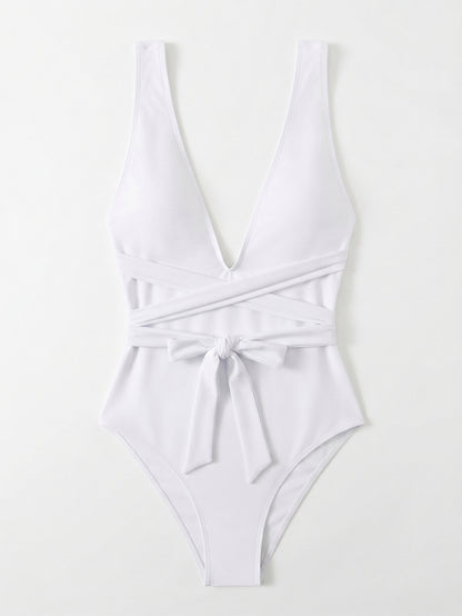 Lilosy Monokini Women's 1 Piece Swimsuit with Plunging Neckline Cross Back White Size Small