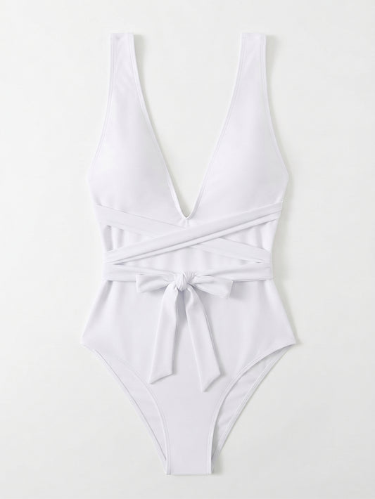 Lilosy Monokini Women's 1 Piece Swimsuit with Plunging Neckline Cross Back White Size Small