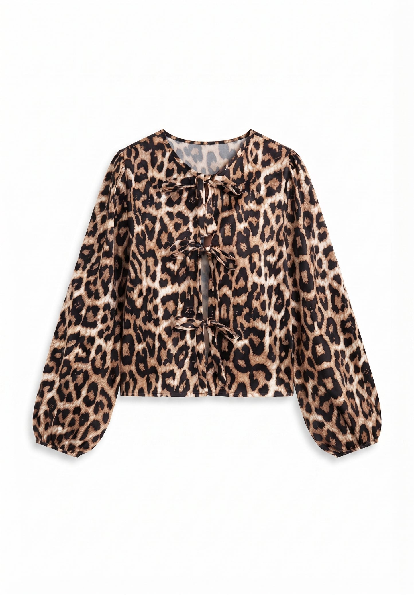 GORGLITTER Women's Leopard Print Tie Knot Front Cutout Blouse – Crewneck, Size Large