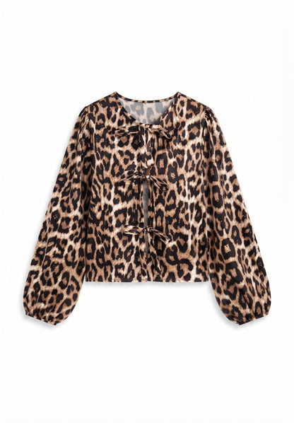 GORGLITTER Women's Leopard Print Tie Knot Front Cutout Blouse – Crewneck, Size Large