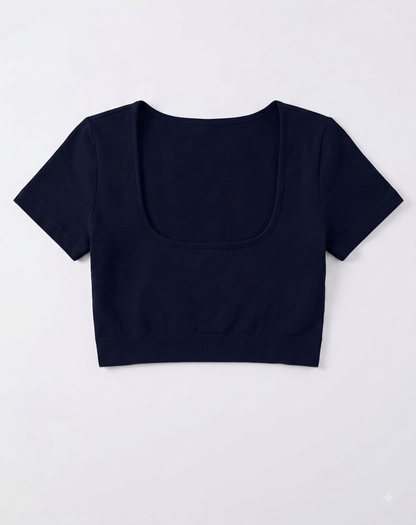 LYANER Women's Square Neck Crop Top – Short Sleeve, Slim Fit, Navy Blue, Medium