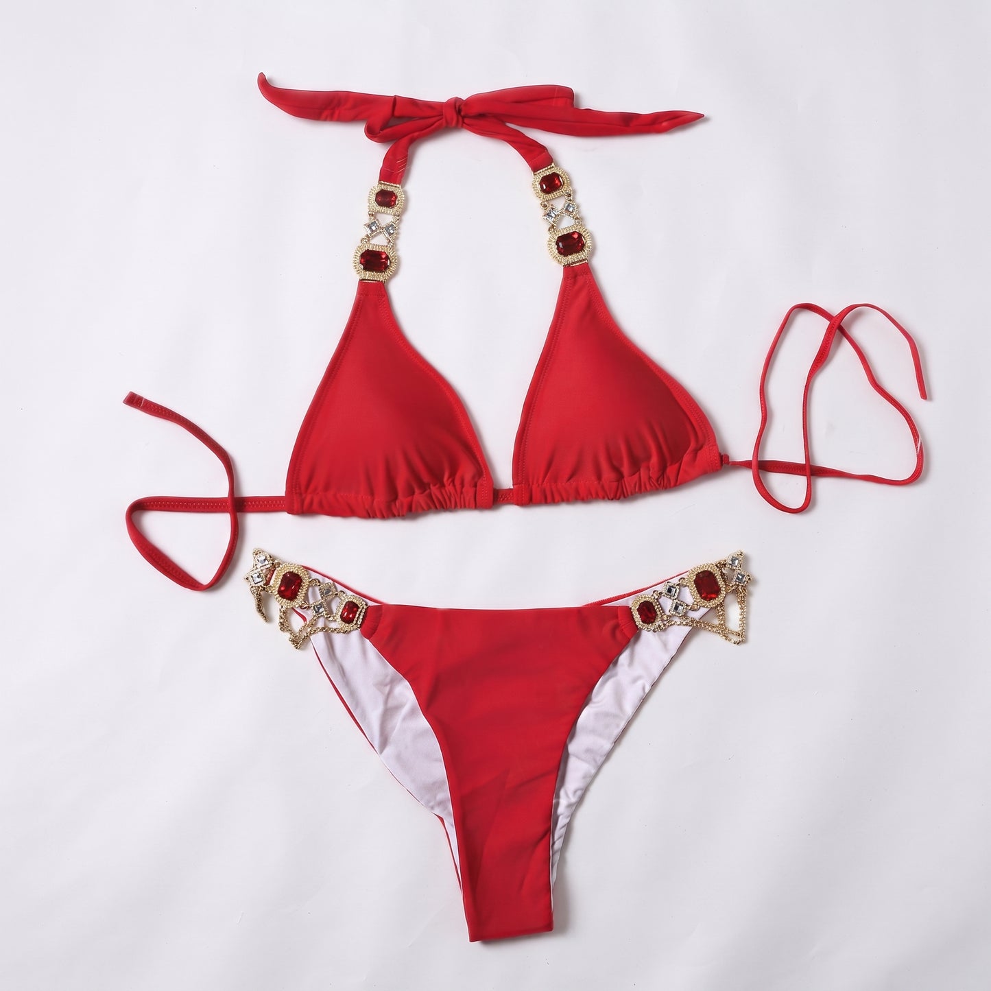 Lisa Colly Women's Swimwear Sexy Crystal Diamond Bikini Red Medium