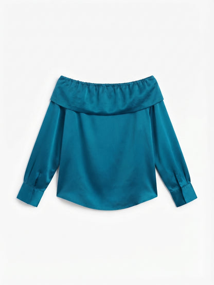 Grace Karin Women's Satin Off-The-Shoulder Blouse – Size L, Green-Blue