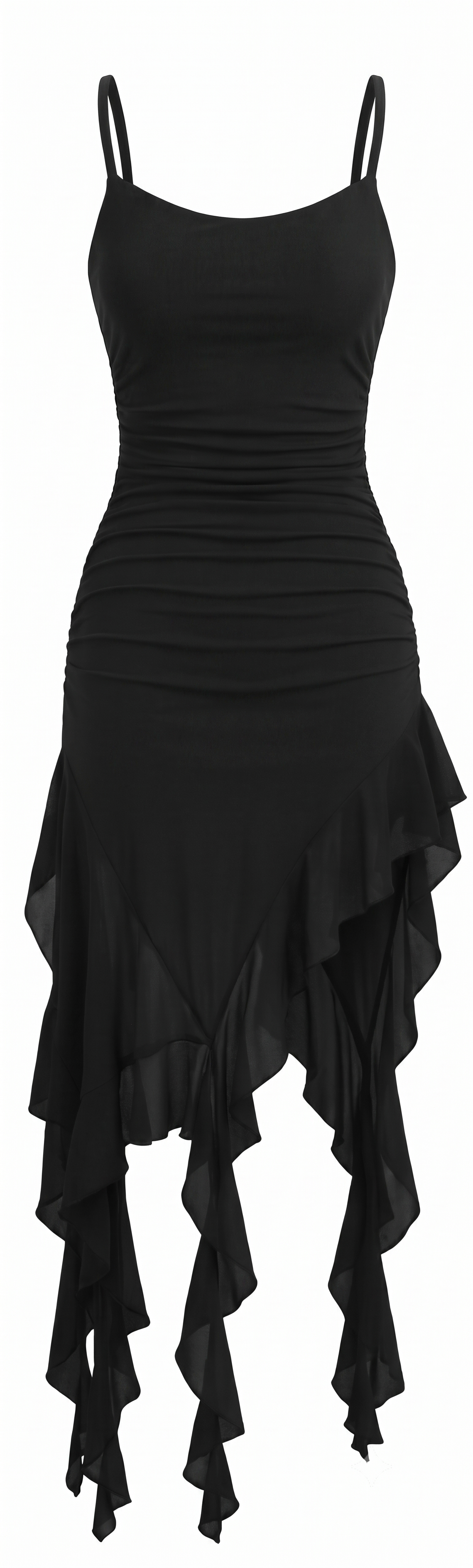 BEAUDRM Women’s Y2K Ruffle Mesh Ruched Bodycon Mini Dress Black Size Medium