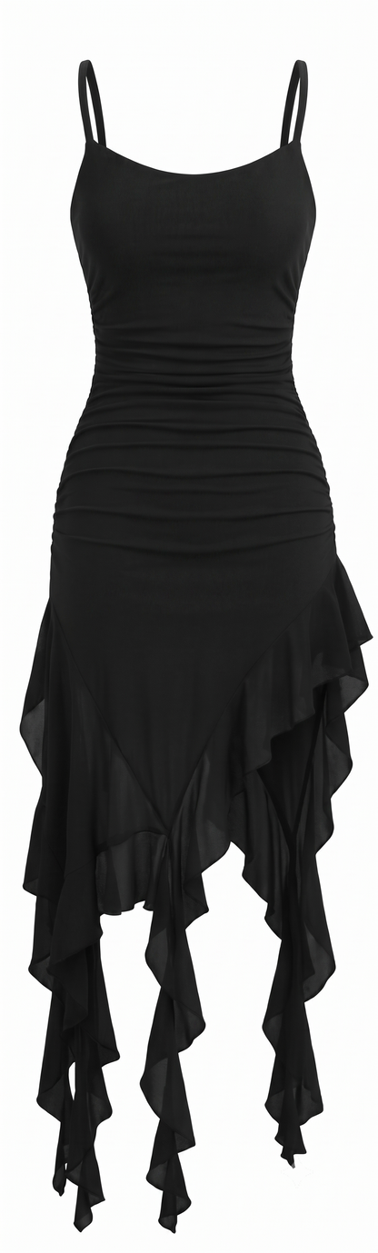 BEAUDRM Women’s Y2K Ruffle Mesh Ruched Bodycon Mini Dress Black Size Medium