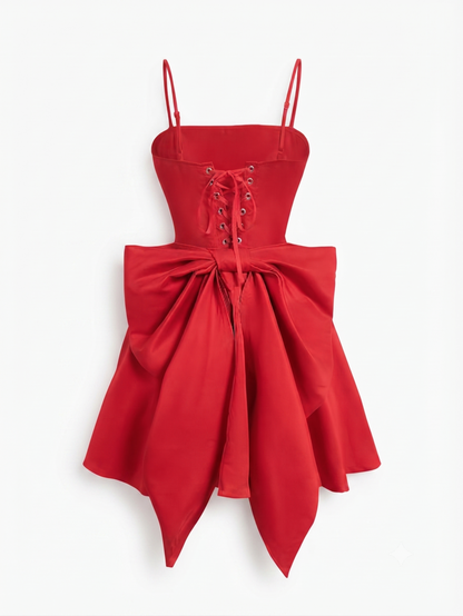 Women's WDIRARA Satin Bow Mini Dress Burgundy size L