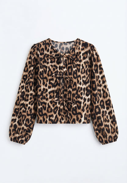 GORGLITTER Women's Cheetah Print Sleeveless Bow Tie Peplum Babydoll Top