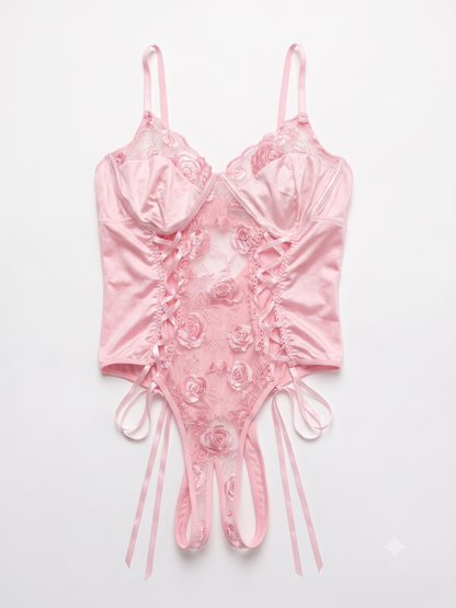 Women's Avidlove Lace-Up Front Lingerie Bodysuit – Pink (Size L) - Open Package