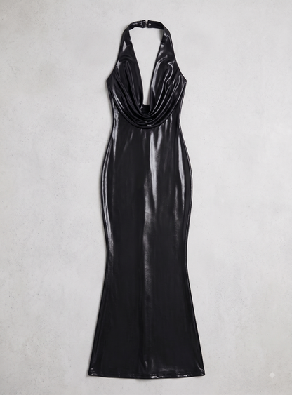 Women's Luxury Metallic Halter Bodycon Maxi Evening Party Dress Gown, Black, Size Medium