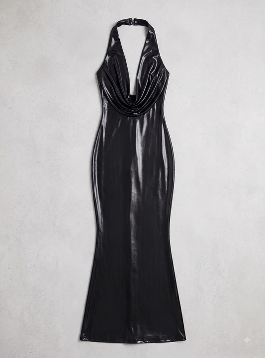 Luxury Metallic Halter Bodycon Maxi Dress – Women's Evening Gown, Black, Medium