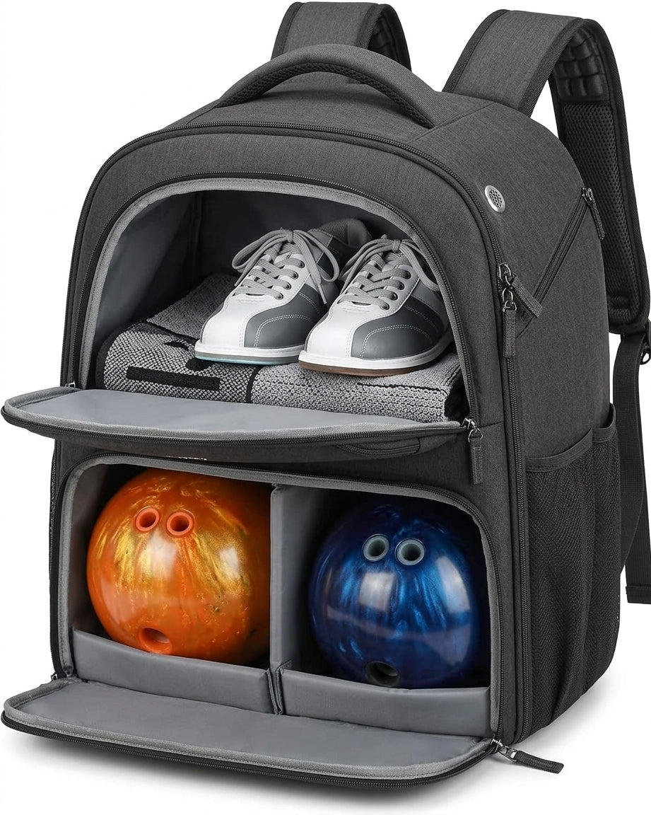 2-Ball Bowling Backpack – Fits Shoes Up to Size 16, Anti-Theft Pocket, Water-Resistant, Ergonomic Straps