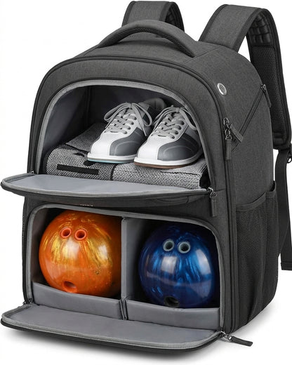 2-Ball Bowling Backpack – Fits Shoes Up to Size 16, Anti-Theft Pocket, Water-Resistant, Ergonomic Straps
