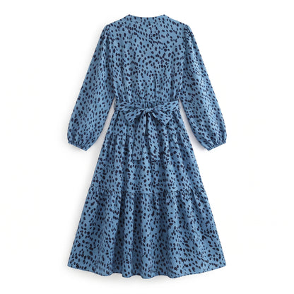 Yoyoveta Women's Leopard Print Long Sleeve V-Neck Ruffled Dress