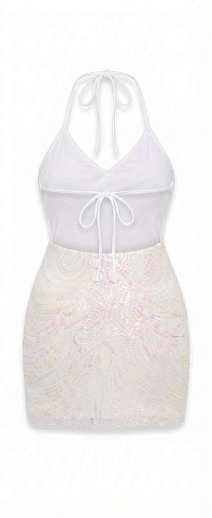 ShawGobow Women's Sequin Glitter Backless Bodycon Mini Dress – White, Small
