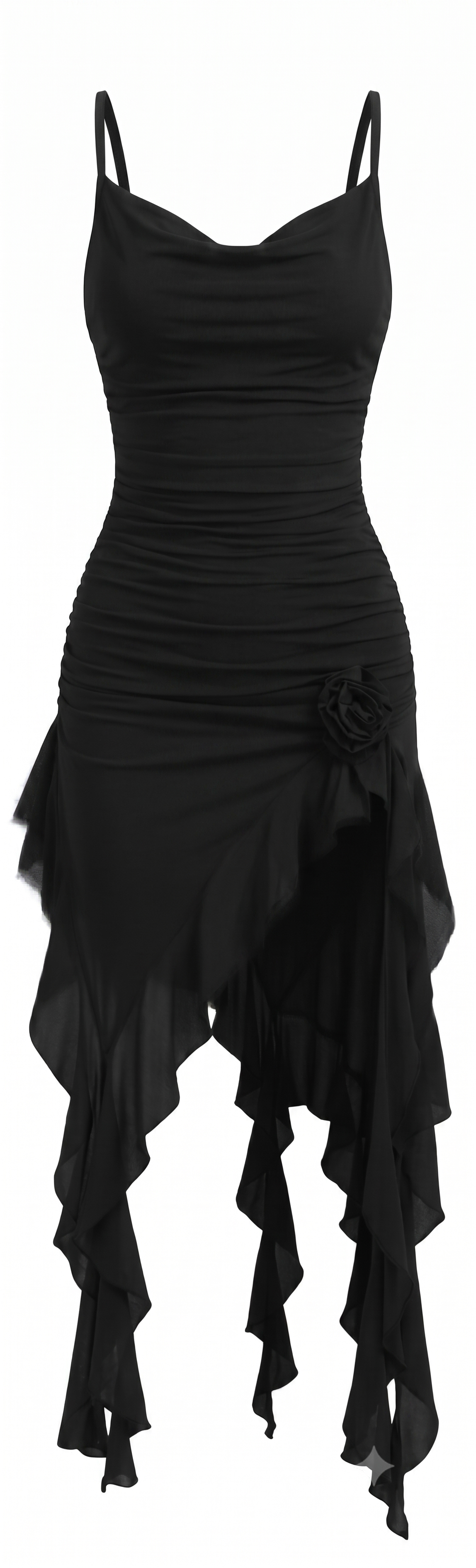 BEAUDRM Women’s Y2K Ruffle Mesh Ruched Bodycon Mini Dress Black Size Medium