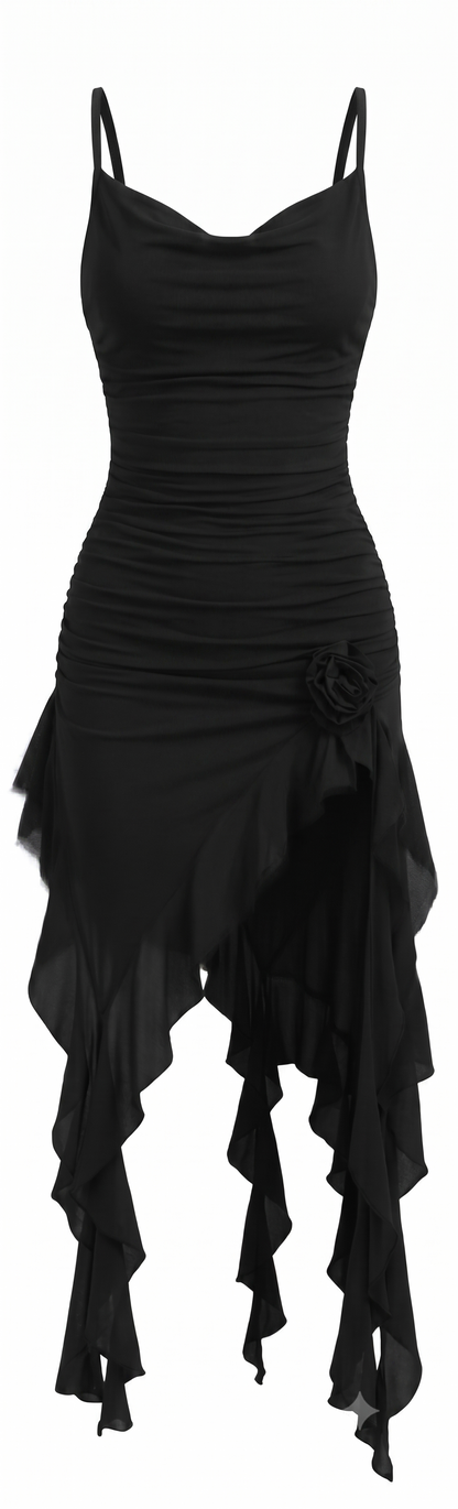 BEAUDRM Women’s Y2K Ruffle Mesh Ruched Bodycon Mini Dress Black Size Medium