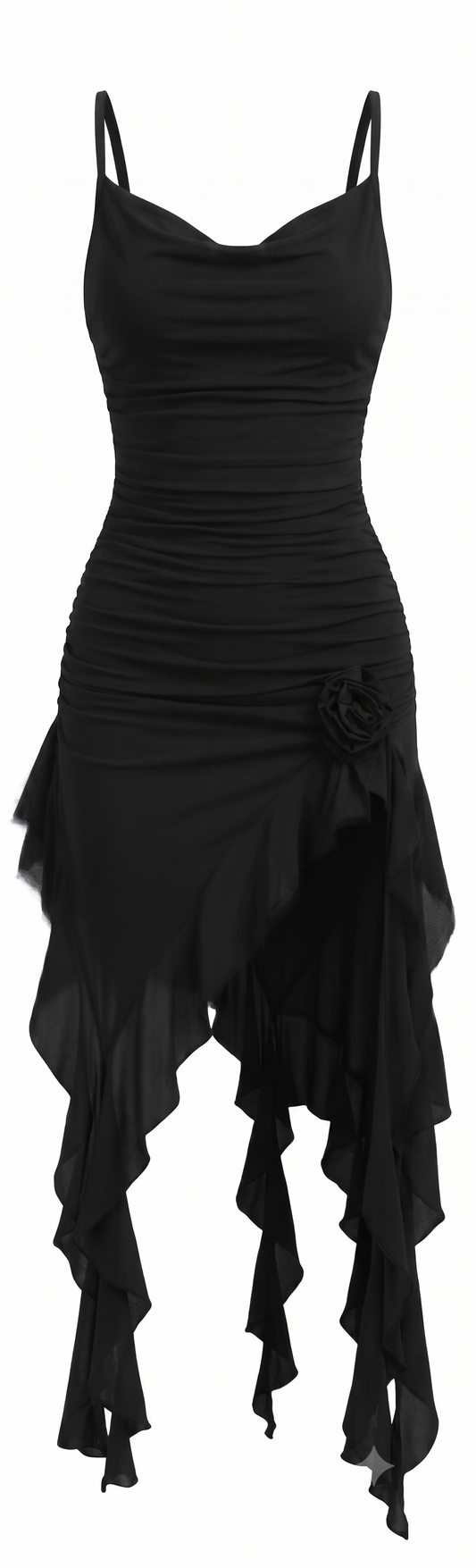 BEAUDRM Women’s Y2K Ruffle Mesh Ruched Bodycon Mini Dress Black Size Medium