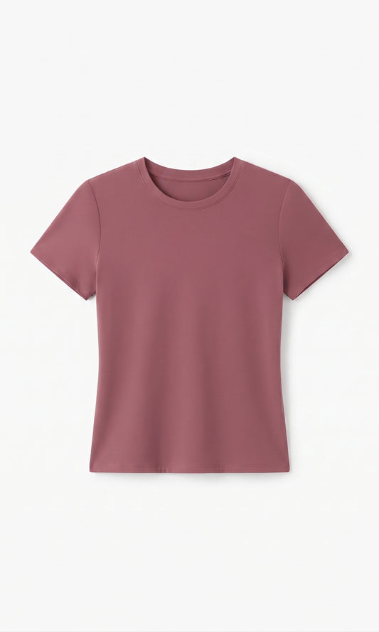 Women's Crew Neck Short Sleeve T-Shirt Double Lined Slim Fit Size 2XL Marsala
