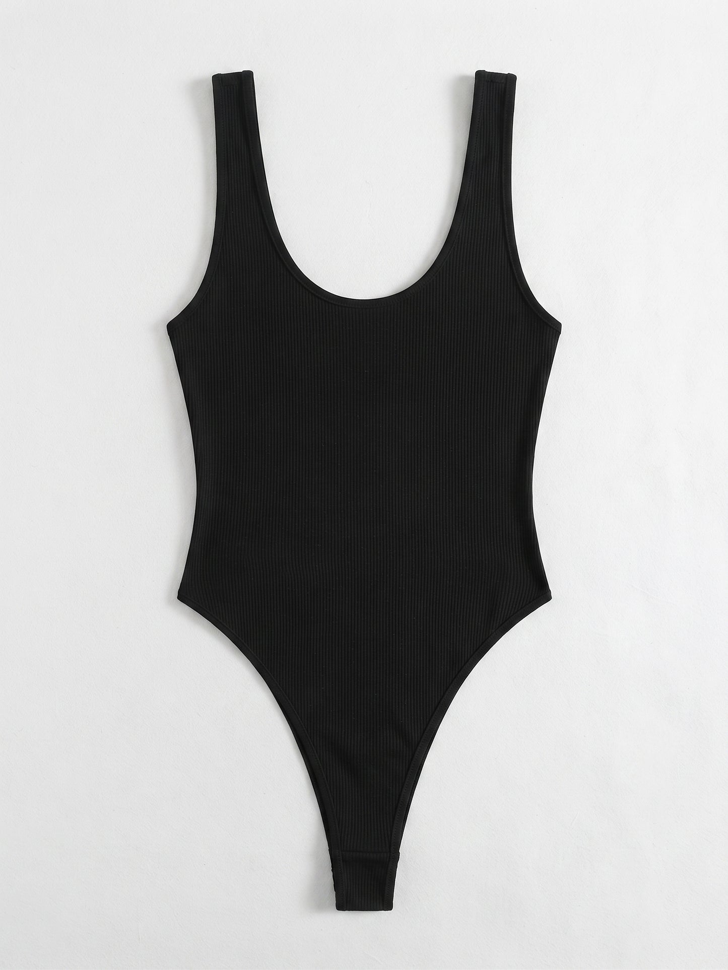OYOANGLE Women's V Neck Ribbed Knit Tank Bodysuit Top Low Cut Fitted Bodysuits Leotard Black Medium