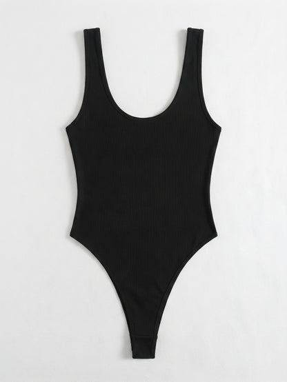 OYOANGLE Women's V Neck Ribbed Knit Tank Bodysuit Top Low Cut Fitted Bodysuits Leotard Black Medium