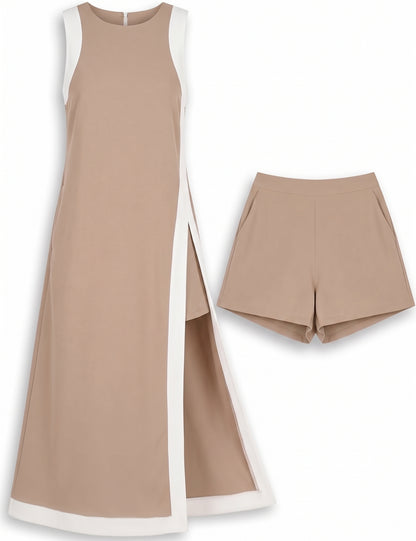Dsewpaur Women's 2 Piece Sets Maxi Dress Matching Shorts with Pockets, Khaki, Size Large