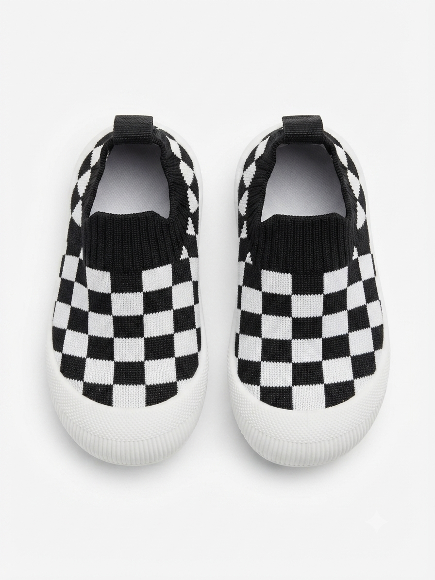 Toddler First Walking Checkered Slip-On Sneakers – Size 3.5–4