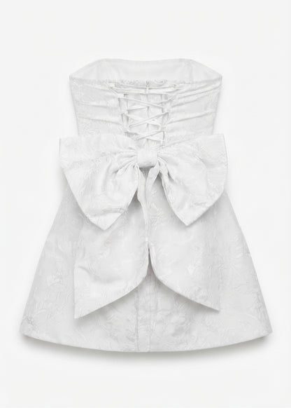 Jacquard Satin Homecoming Dress with Bow – White, Size Medium (Preowned)