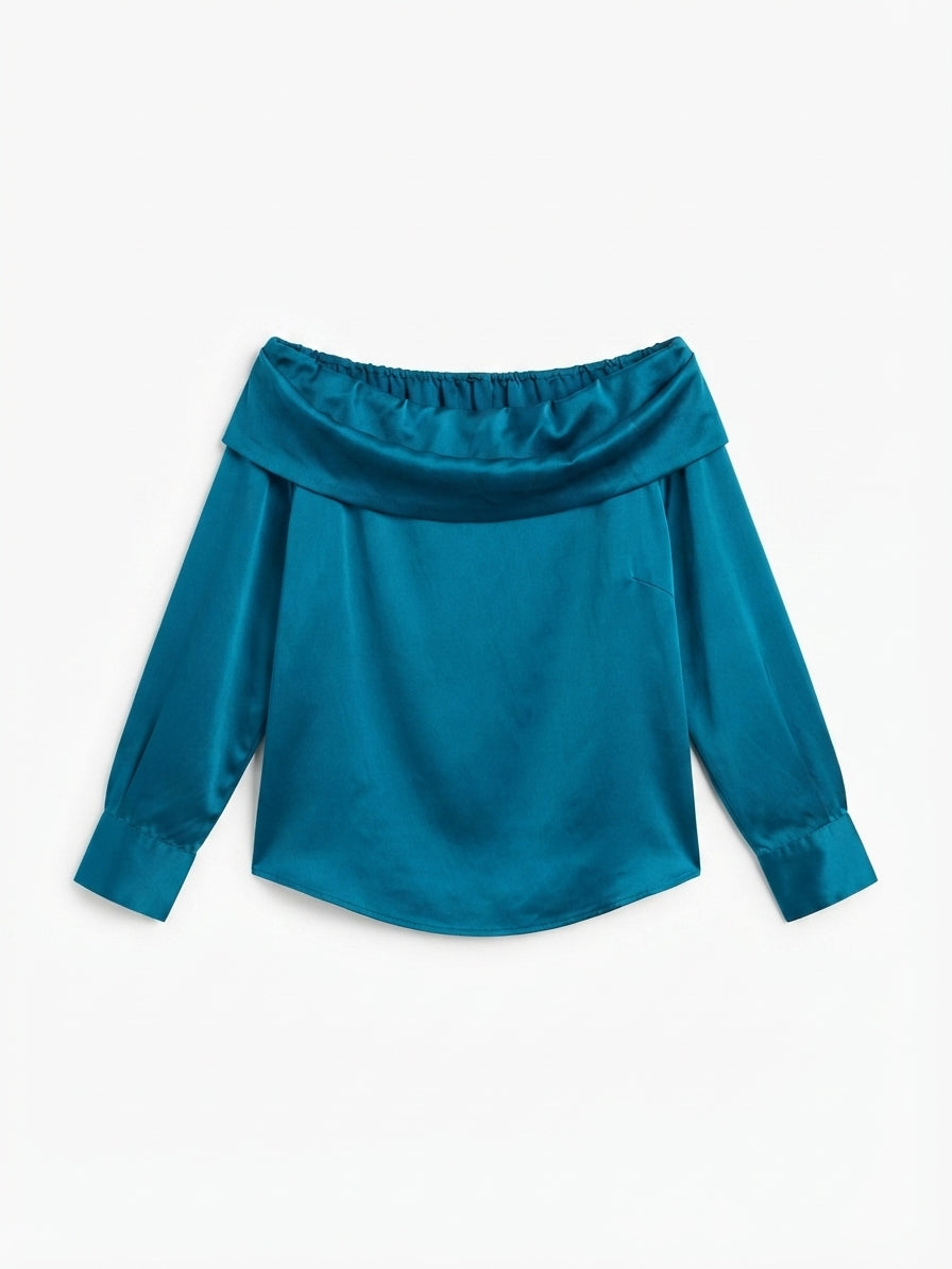 Grace Karin Women's Satin Off-The-Shoulder Blouse – Size L, Green-Blue