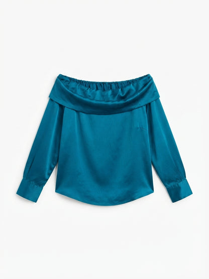 Grace Karin Women's Satin Off-The-Shoulder Blouse – Size L, Green-Blue