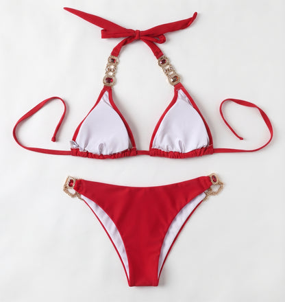 Lisa Colly Women's Swimwear Sexy Crystal Diamond Bikini Red Medium
